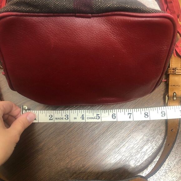 Burberry Belgrove Red Fringe Suede‎ Leather Nova Check Bucket Bag Crossbody - Picture 10 of 13